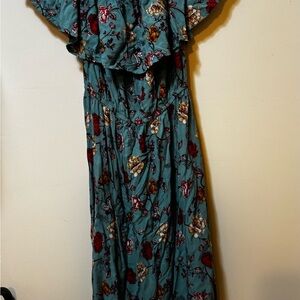 Justify Blue and Black Ruffled Off-the-Shoulder Maxi Dress